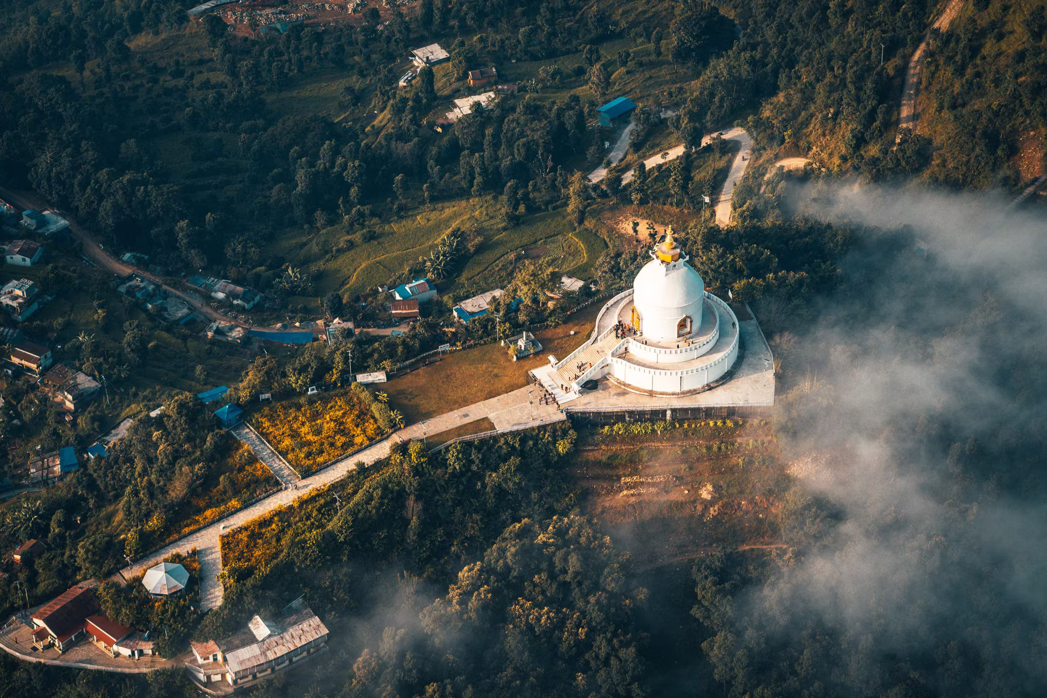 Aerial view of the World Peace Pagoda above Pokhara
