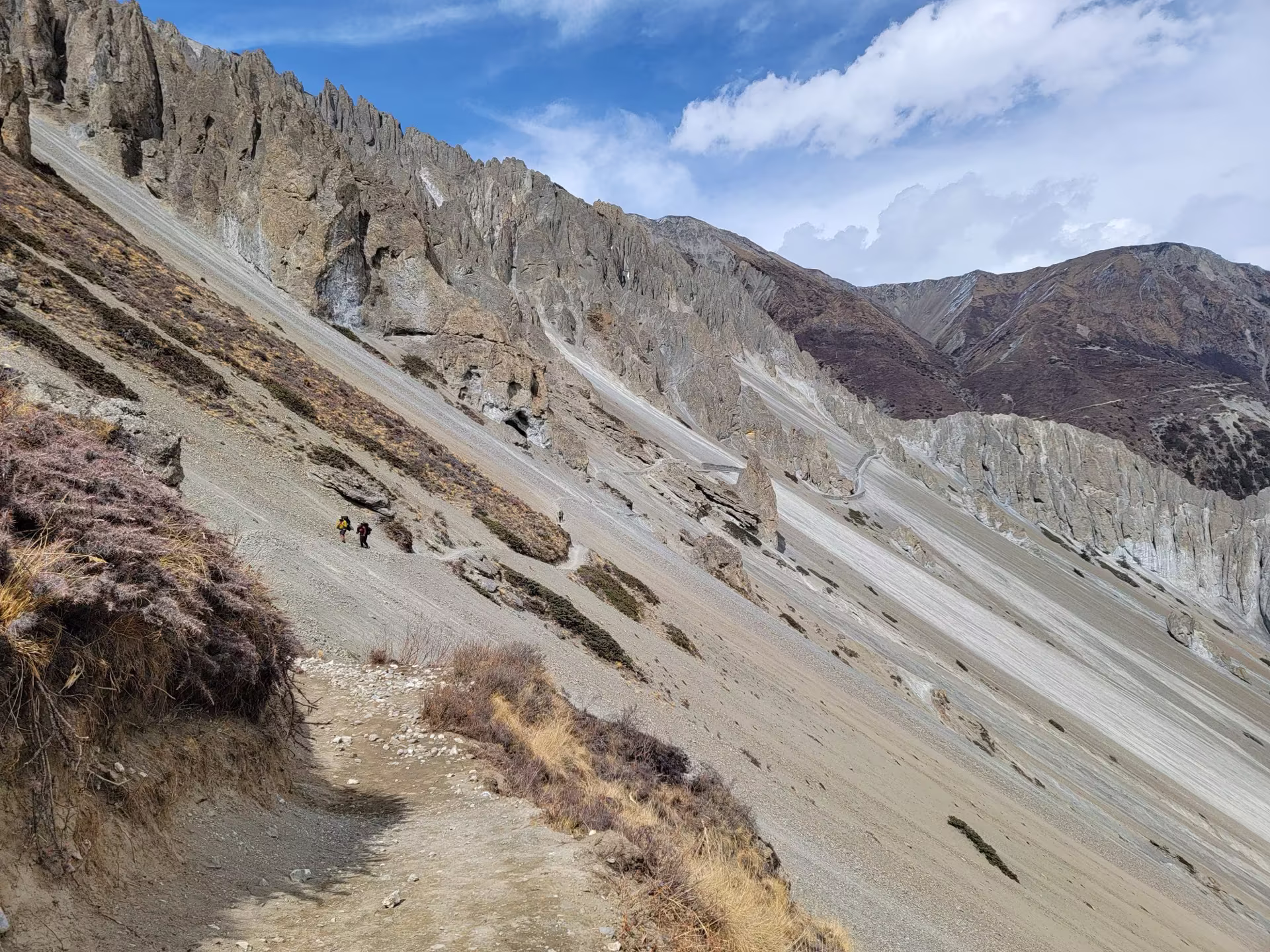 Trekkers crossing rugged high terrain in the Annapurna region