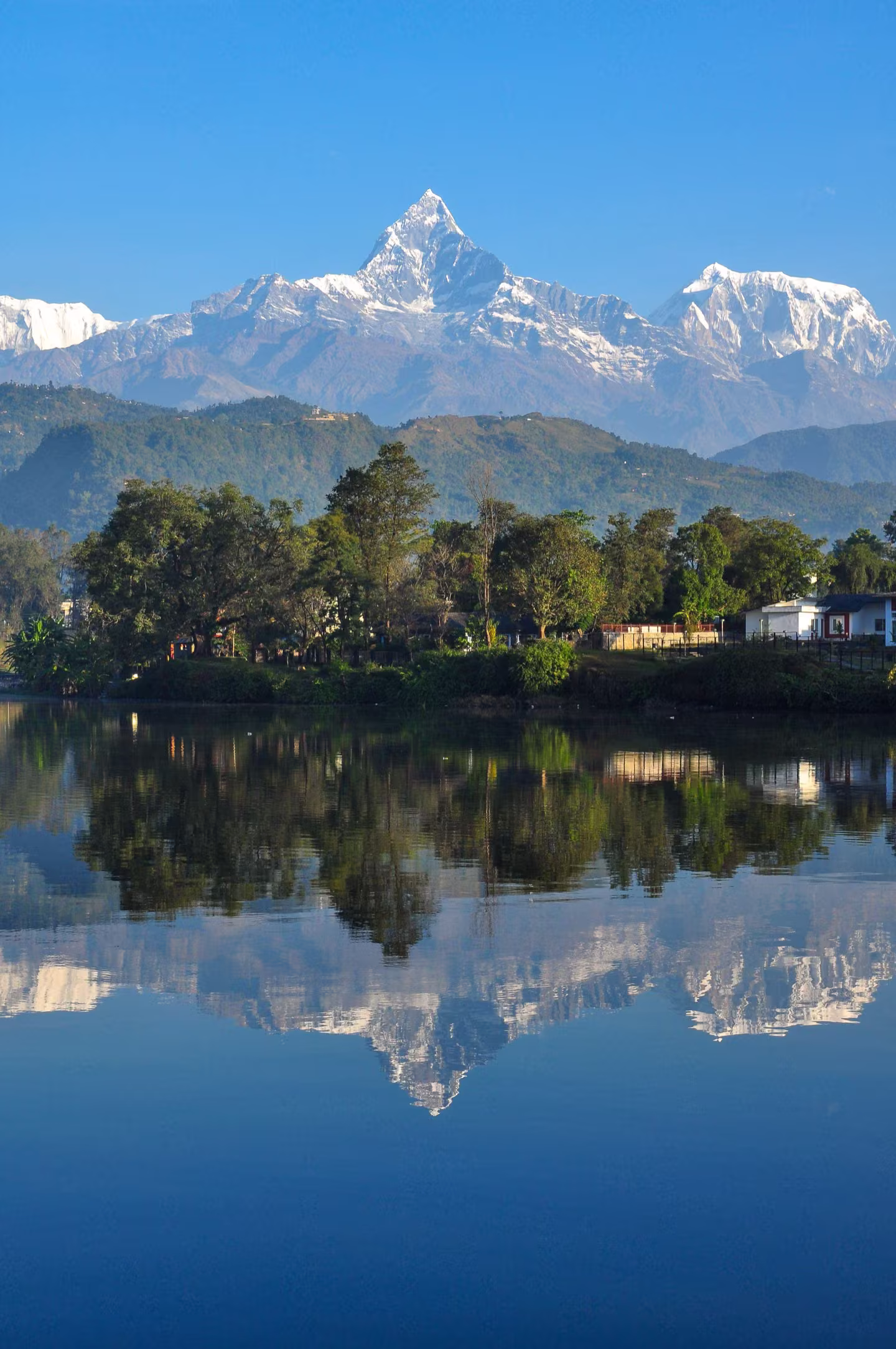 Machhapuchhre reflected in the still water of Phewa Lake