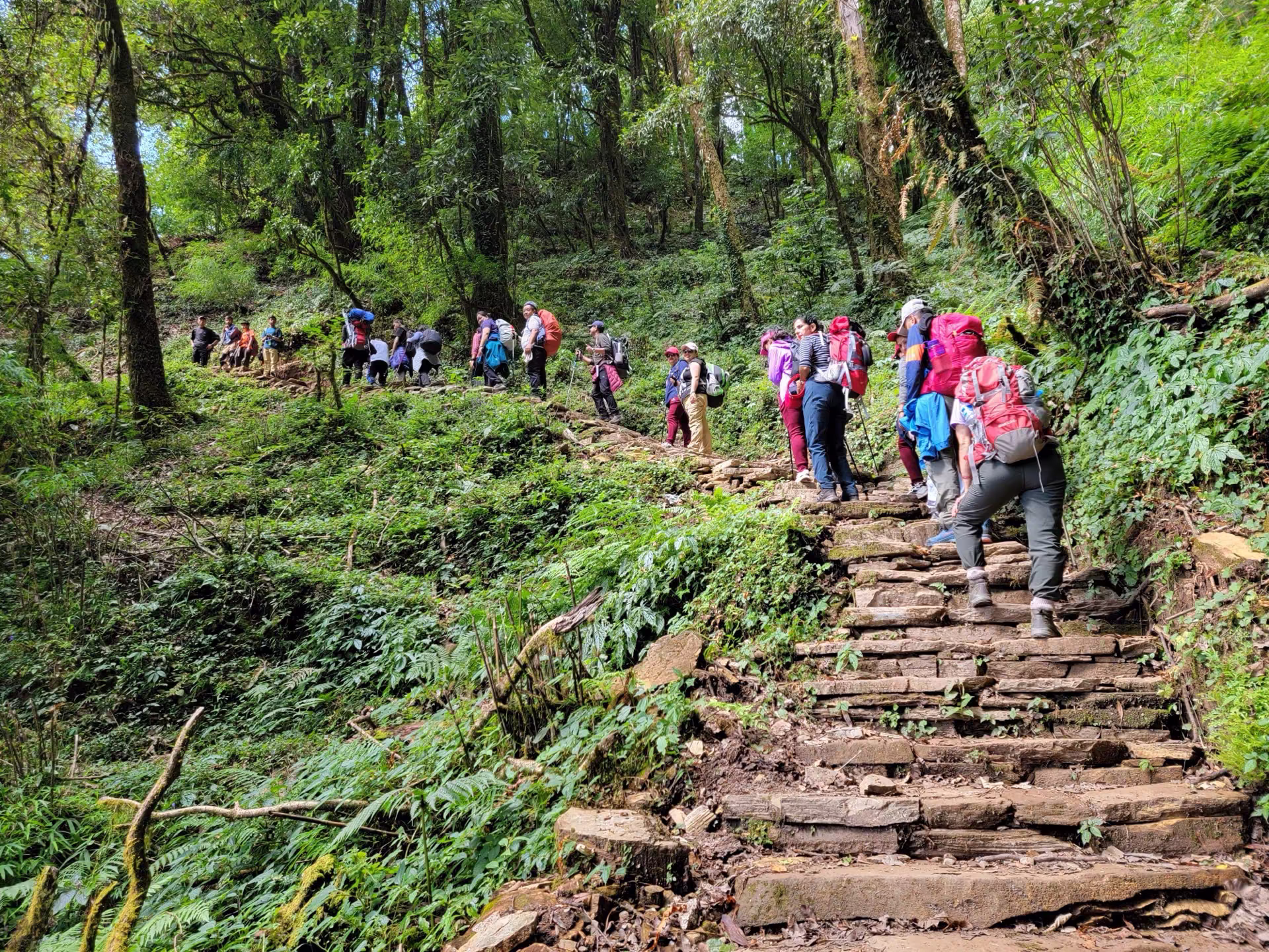 A group of trekkers walking a mountain route in single file